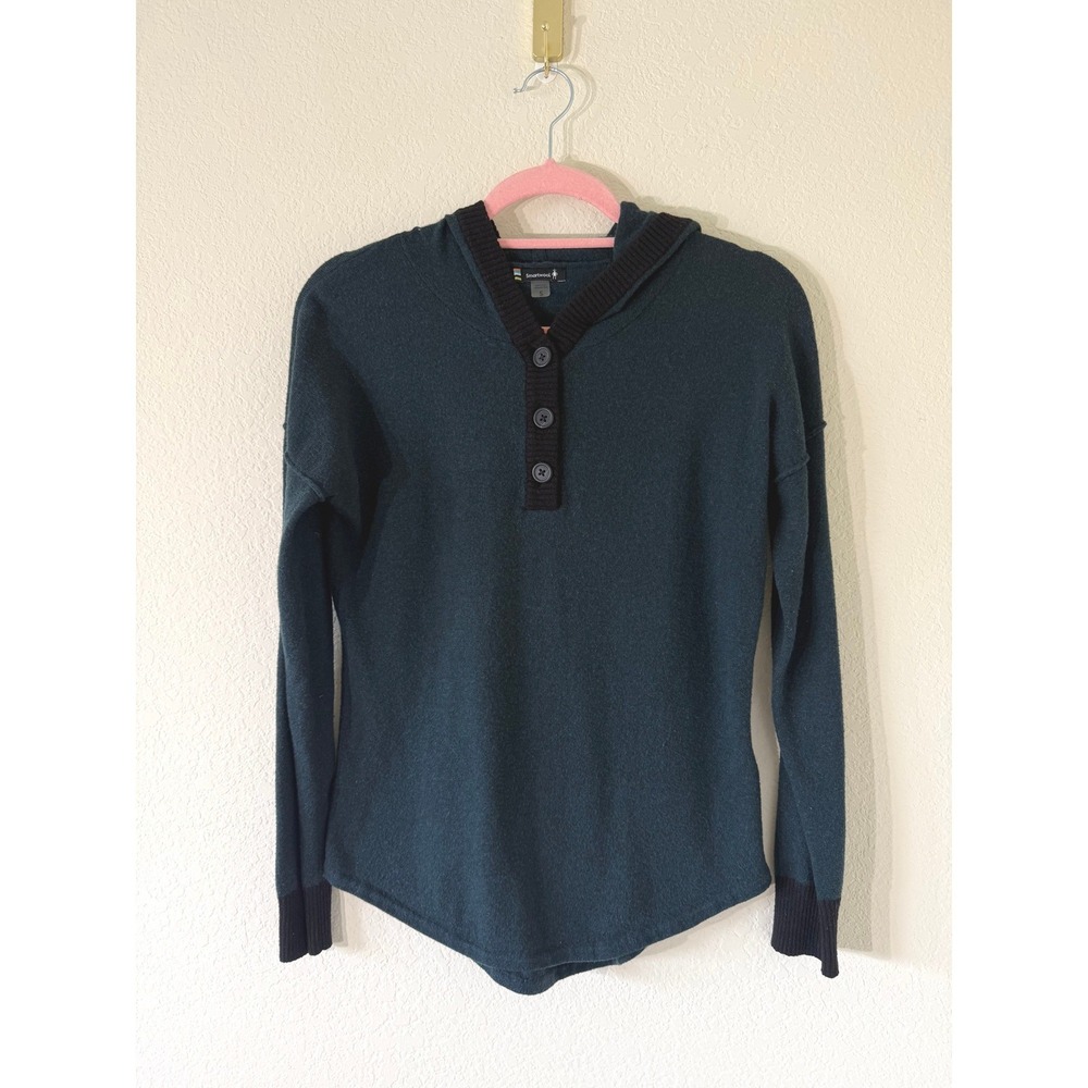 Smartwool Merino Wool Blend Henley Hoodie Teal Green Women Size Small Outdoor